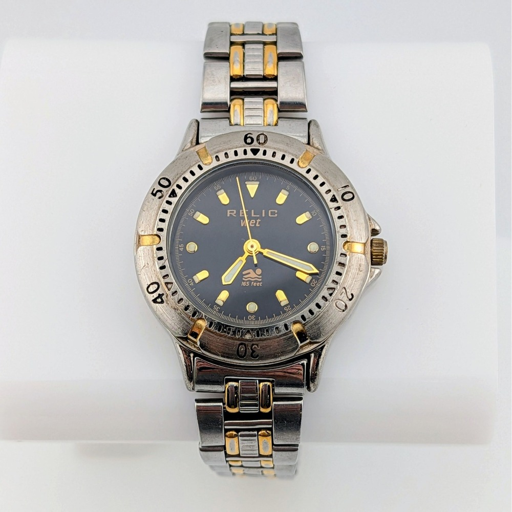 Relic Wet Diver Style Quartz Women's Watch Two Tone Rotating Bezel Black Dial